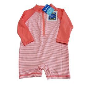 Infant Girl Swim Body Suit With Sun Protection UPF 50+ Coral Pink Stripe